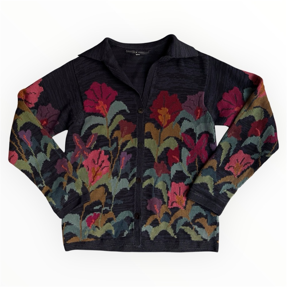 Peruvian Connection Pima Cotton Knit Cardigan Floral Button Up Collared XS Peru